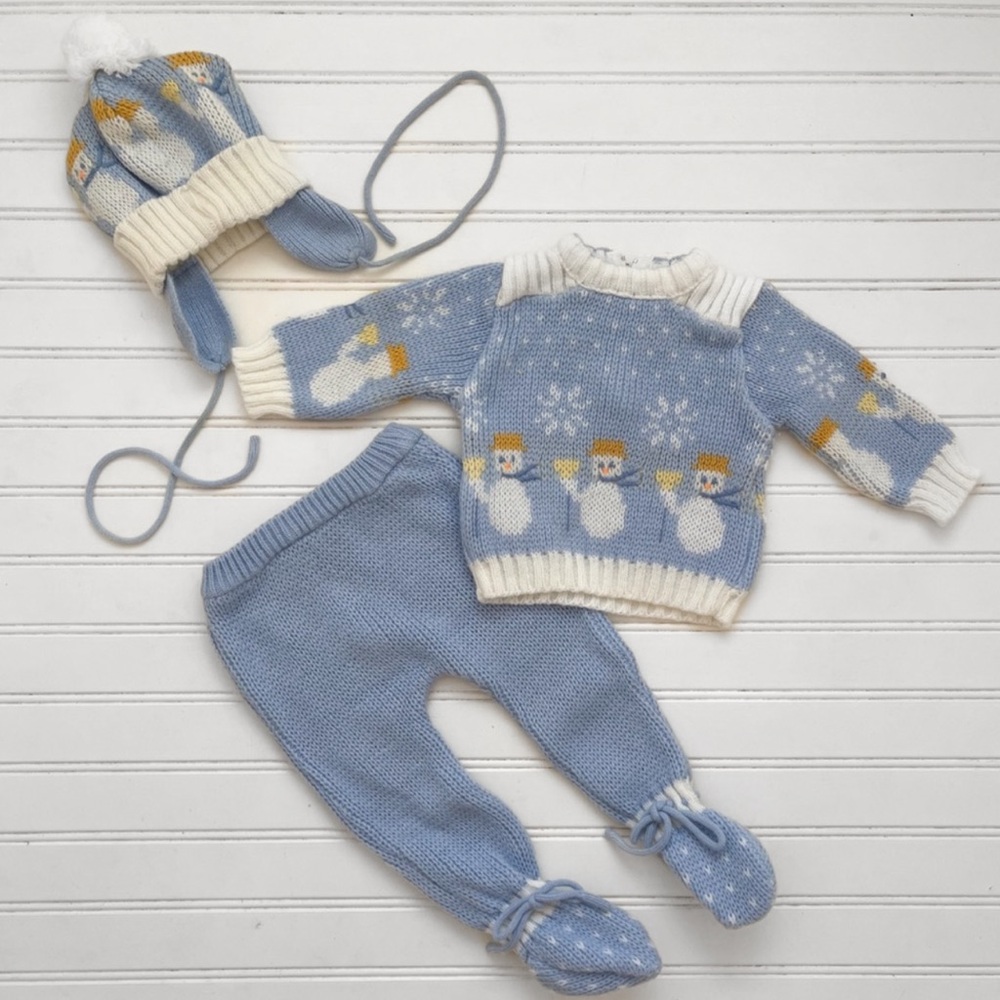 VINTAGE 80s 90s EUC/LN Knit Intarsia Winter Snowman 3 Piece Set
